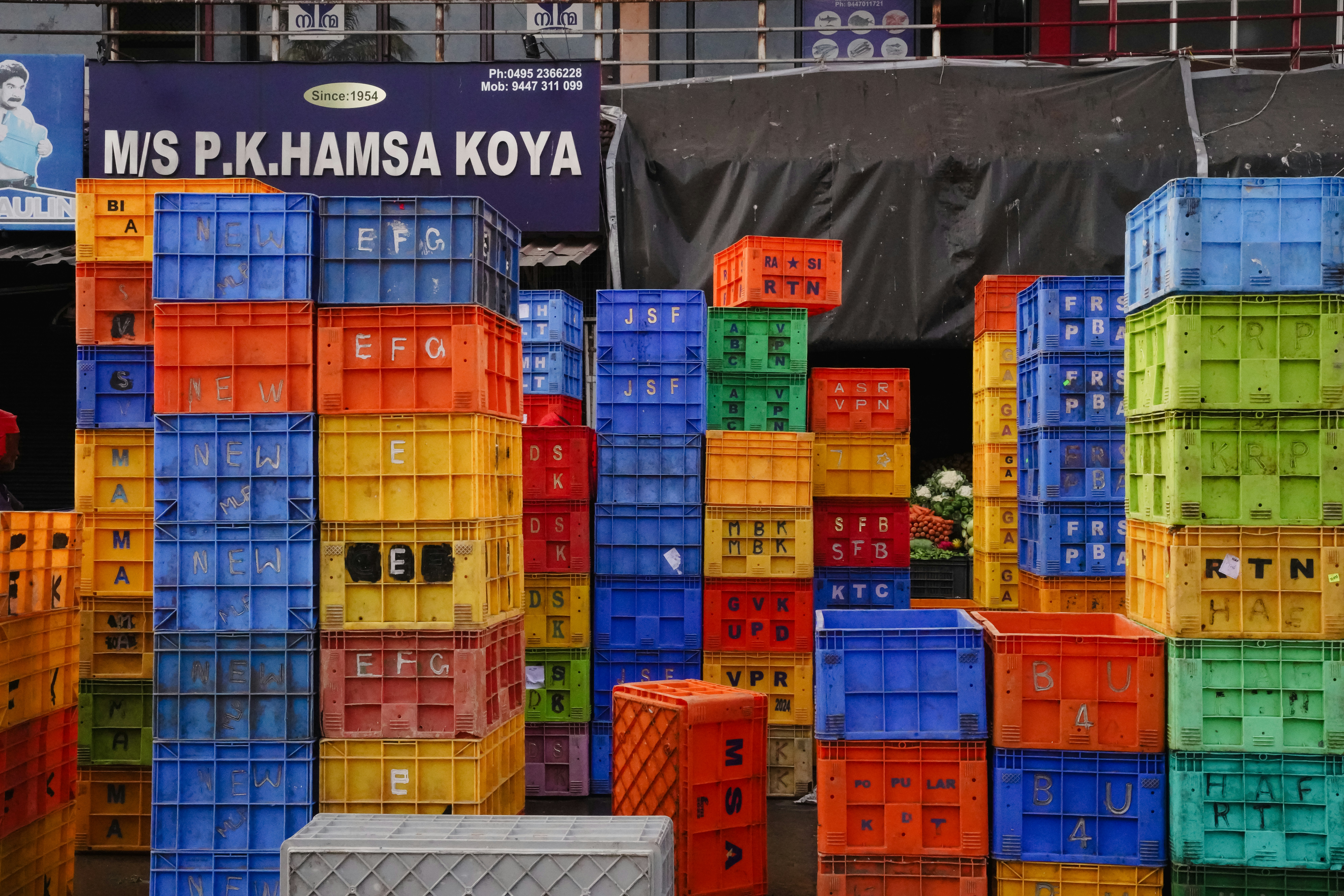 Grain logistics crates stacked outdoors
